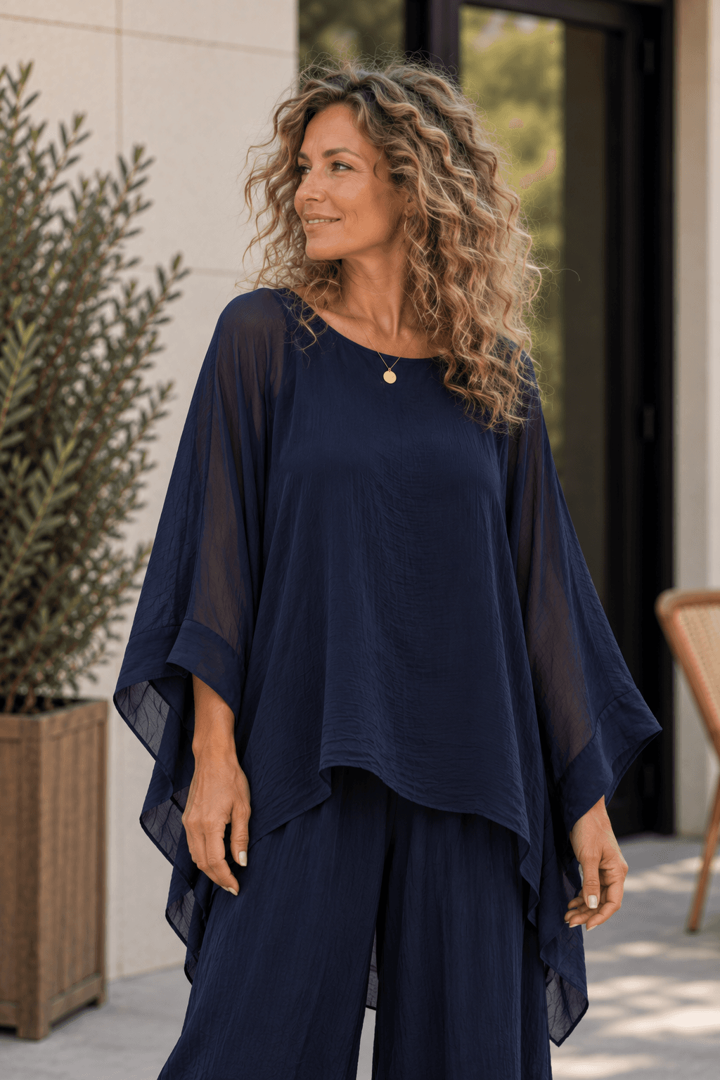 Silk Batwing Top - Navy